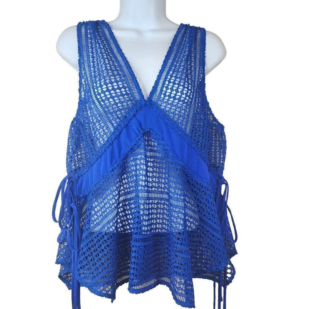 Derek Lam 10 Crosby Mesh Peplum Top Womens Size 10 Cobalt Blue Side Ties
